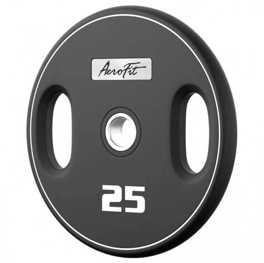Олимпийский полиуретановый диск AeroFit AFPUPLB25 25 кг, черный, с 2-мя хватами