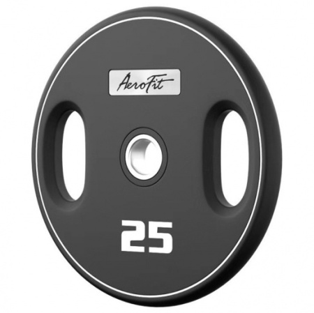 Олимпийский полиуретановый диск AeroFit AFPUPLB25 25 кг, черный, с 2-мя хватами